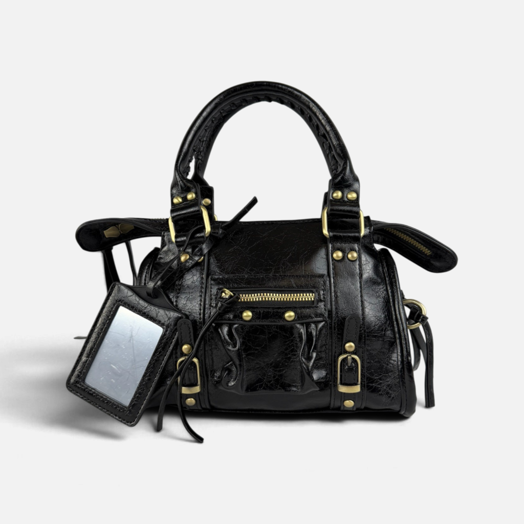Borsa Metropolis Specchietto Mini in Similpelle - Nera con Dettagli Dorati