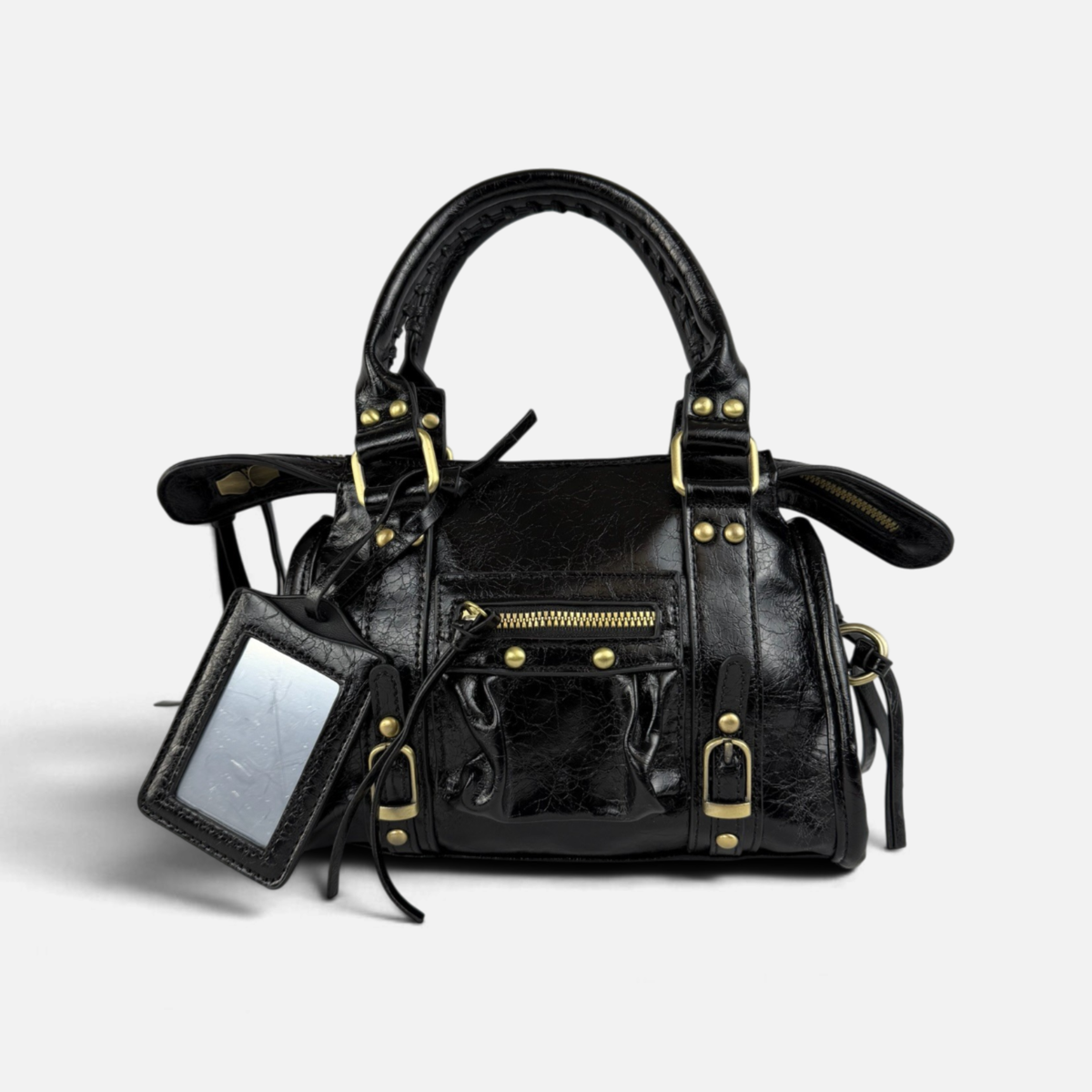 Borsa Metropolis Specchietto Mini in Similpelle - Nera con Dettagli Dorati