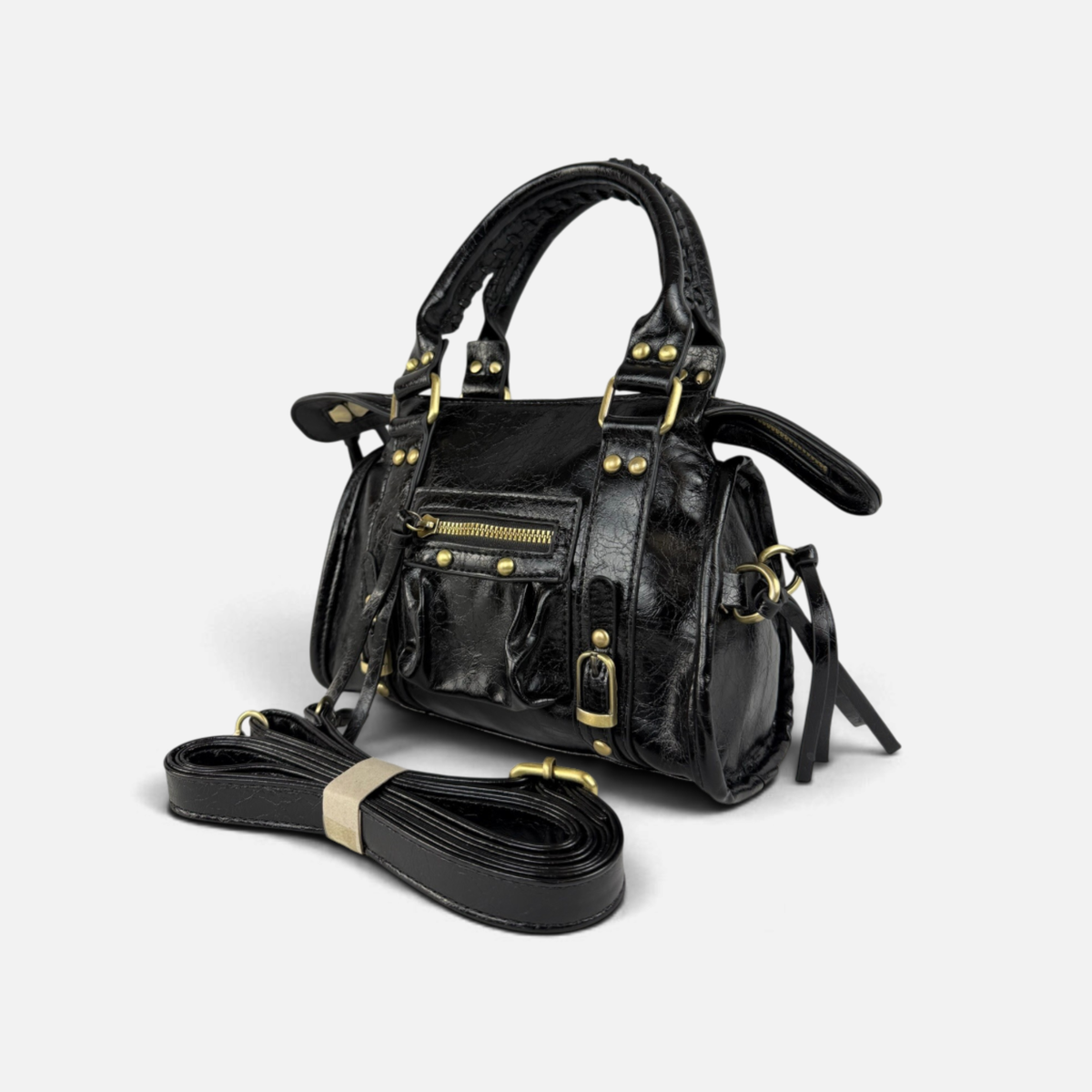 Borsa Metropolis Specchietto Mini in Similpelle - Nera con Dettagli Dorati